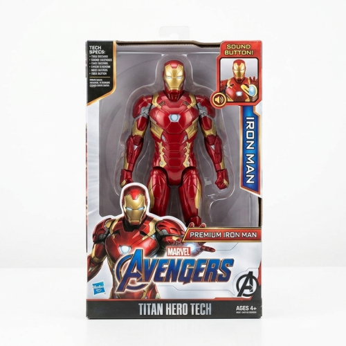 Front view of a red and gold Iron Man action figure standing upright on a plain white background.
